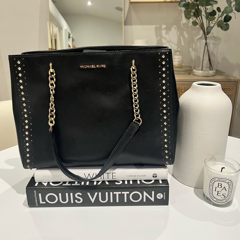 Authentic Michael Kors Ellis Tote Studded Black Leather Purse
